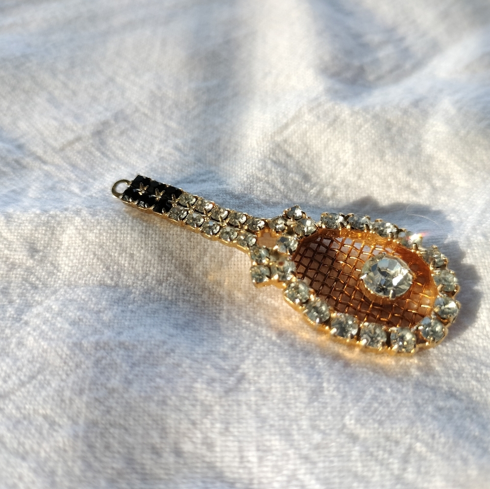 Vintage Dorothy Bauer Gold Tone Swarovski Crystal Tennis Racket Charm